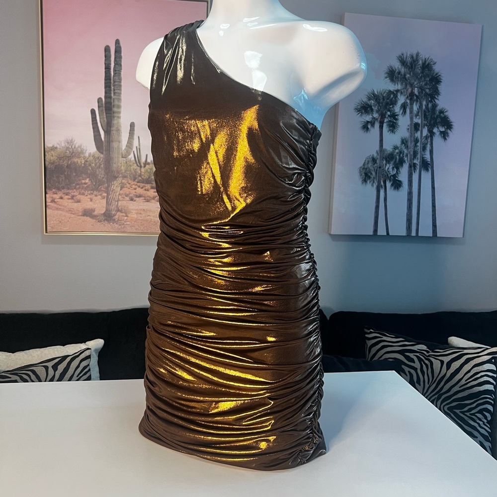 Metallic Bronze One-Shoulder Ruched Bodycon Dress • NYE